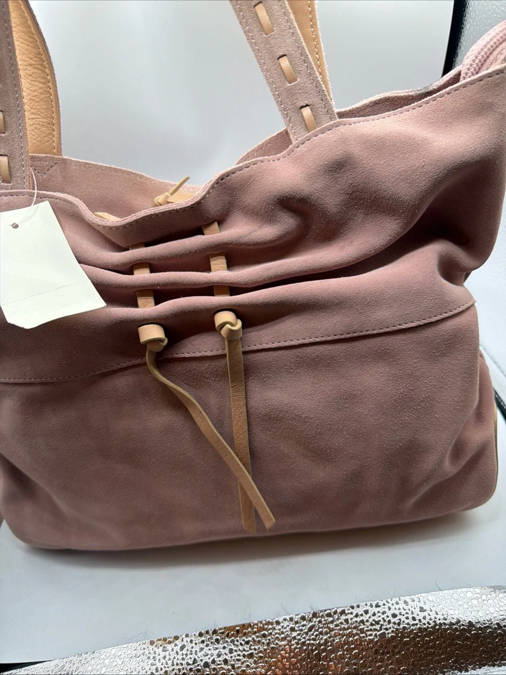 J Jill Suede Drawstring Shoulder Bag Taupe Pink Leather Trim Hobo Tote NWT